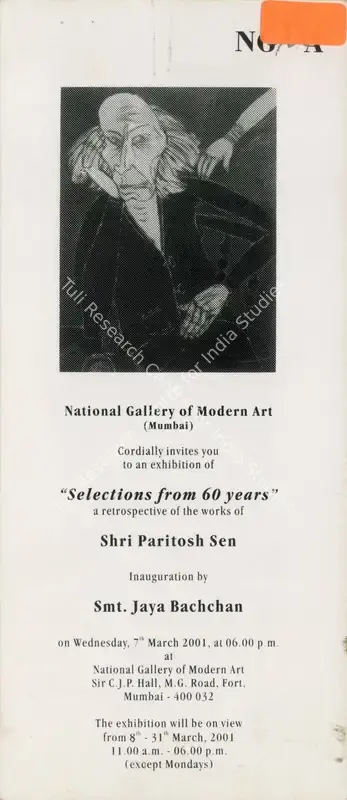 Sen, Paritosh (Artist). Selections from 60 years - A Retrospective of the Works of Shri Paritosh Sen. Mumbai: National Gallery of Modern Art, 2001 | Solo Exhibition Invitation | FineArts | 00859925