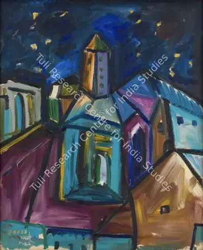 S.K. Bakre (Artist), Untitled (Purple Townscape with Starry Sky), 1962, Painting
