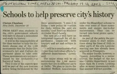 Chetan Chauhan (Reporter), Schools to Help Presereve City's History, 2003, Newspaper Clipping