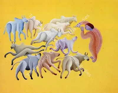 Manjit Bawa (Artist), Cows with Krishna, 1981, Painting