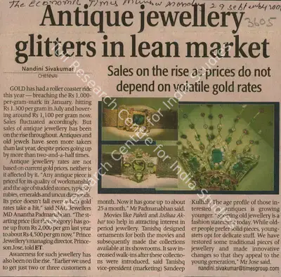 Nandini Sivakumar (Reporter), Antique Jewellery Glitters in Lean Market, 2008, Newspaper Clipping