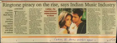 Lalitha Suhasini (Reporter), Ringtone Piracy on the rise, says Indian Music Industry, 2005, Newspaper Clipping