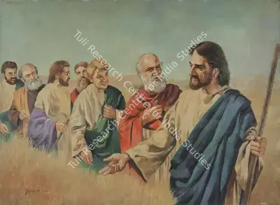 Trindade, A.X. (Artist). Christ with his Apostles, including Peter, Matthew, Simon, Bartholew & others. Oil on canvas pasted on board, 1925 | Painting | FineArts | 00332019