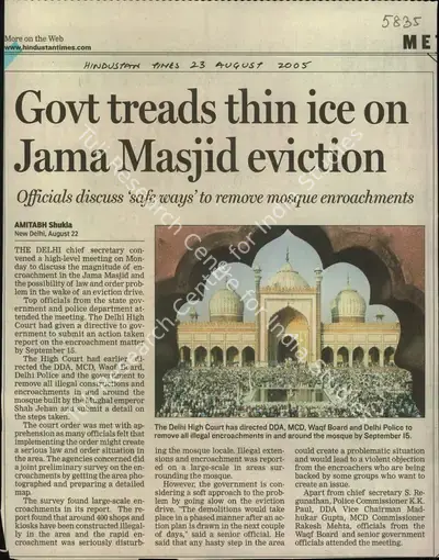 Amitabh Shukla (Reporter), Govt Treads Thin Ice On Jama Masjid Eviction, 2005, Newspaper Clipping