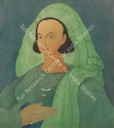 M.A.R. Chughtai (Artist), Maiden in a green headdress, Painting