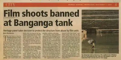 Bapu Deedwania (Reporter), Film Shoots Banned at Banganga Tank, 2007, Newspaper Clipping