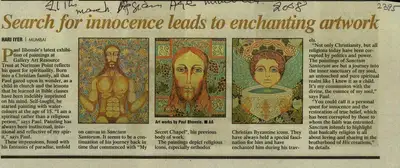 Hari Iyer (Reporter), Search For Innocence Leads to Enchanting Artwork, 2008, Newspaper Clipping