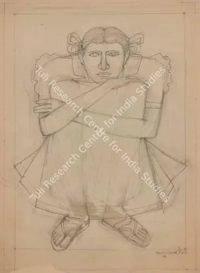 Lalu Prasad Shaw (Artist), Girl with ribbons, 1991, Drawing