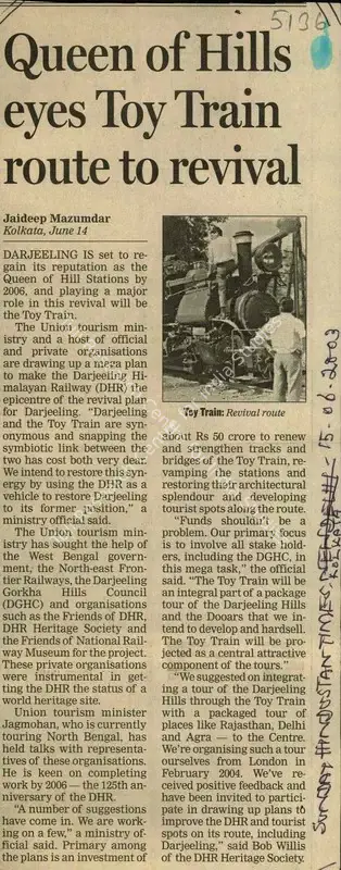 Jaideep Mazumdar (Reporter), Queen of Hills Eyes Toy Train Route to Revival, 2003, Newspaper Clipping