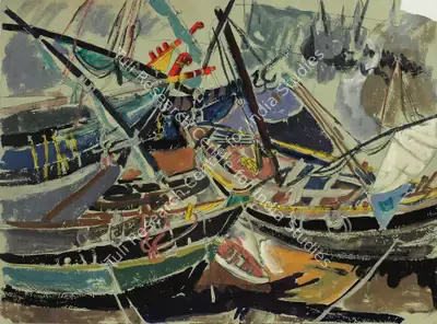 Jyoti Bhatt (Artist), Boats, 1955, Painting