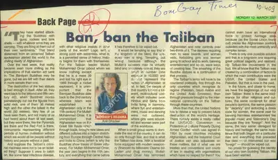 Anil Dharker (Reporter), Ban, ban the Taliban, 2001, Newspaper Clipping