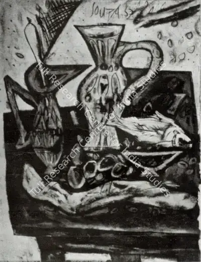F.N. Souza (Artist), Still Life with Bread & Fish, Painting