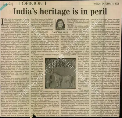 Sandhya Jain (Reporter), India's Heritage is in peril, 2005, Newspaper Clipping