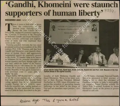 Mohammed Anas (Reporter), Gandhi, Khomeini were Staunch Supporters of Human Liberty, 2006, Newspaper Clipping