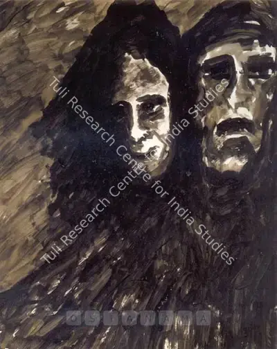 Rabindranath Tagore (Artist), Untitled (Two Faces), 1938, Drawing