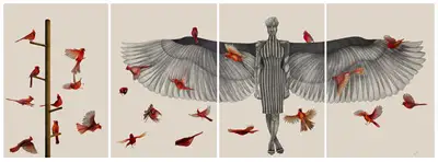 P.N. Chaturvedi (Artist), The Anthropoid Girl with Cardinals, 2015, Drawing