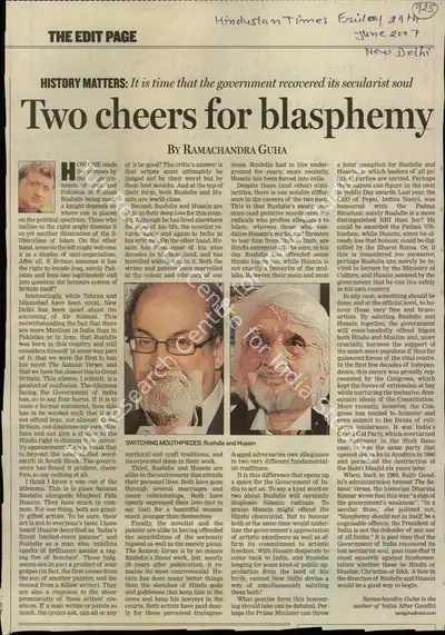 Ramachandra Guha (Reporter), Two Cheers for Blasphemy, 2007, Newspaper Clipping