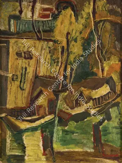 G.R. Santosh (Artist), House-Boats on Dal Backwaters, 1954, Painting