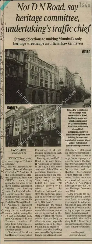 Kavitha Iyer (Reporter), Not D N Road, say Heritage Committee, Undertaking's Traffic Chief, 2005, Newspaper Clipping