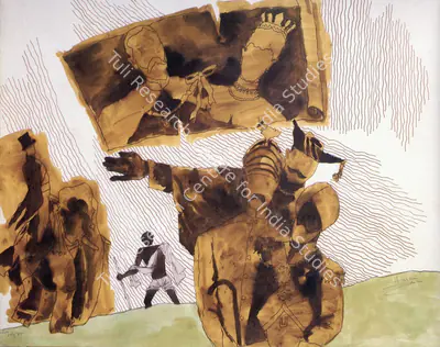 Husain, M. F. (Artist). Arrival of Gandhi in nineteen-twenties. Watercolour, 1985 | Husain , 1988 | Painting | FineArts | 00495147