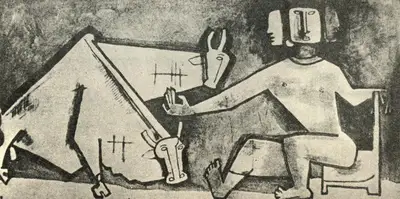 M.F. Husain (Artist), Three-Headed Man with Two-Headed Bull, 1954, Painting