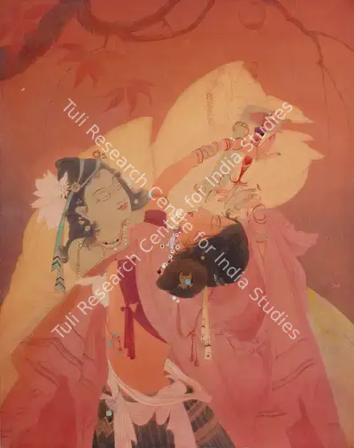 Chughtai, M.A.R. (Artist). Radha And Krishna Playing Holi. Watercolour and wash heightened with gold on paper, 1936 | Painting | FineArts | 00561009