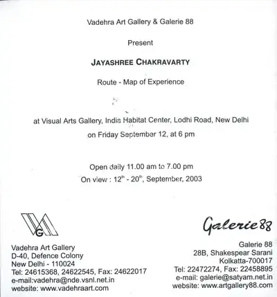 Jayashree Chakravarty (Artist), Route Map of Experience, 2003, Solo Exhibition Invitation