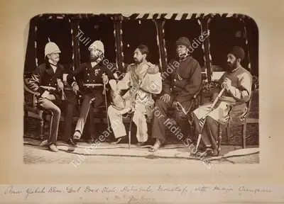 John Burke (Photographer), The Amir Yakub Khan, General Daod Shah, Habeebula Moustafi, with Major Cavagnari & Mr Jenkyns, 1879, Antiquarian Photograph