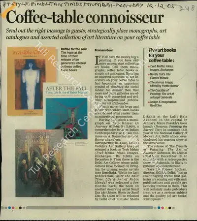 Poonam Goel (Reporter), Coffee-Table Connoisseur, 2005, Newspaper Clipping