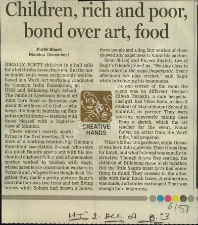 Pratik Ghosh (Reporter), Children, rich and poor, bond over art, food, 2003, Newspaper Clipping