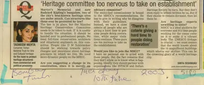Smita Deshmukh (Reporter), Heritage Committee too Nervous to Take on Establishment, 2003, Newspaper Clipping