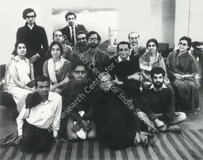 Unknown (Photographer). Khakhar's solo exhibition at the Kunika Chemould Art Centre, New Delhi. From Left to Right, (standing): Sunil Kothari, Mr. Mitra; (seated): Geeta Kapur, Nasreen Mohamedi, Jeram Patel, Haridas Patel, G. M. Sheikh, Babu Chhadva, Roshan Alkazi, Freny Bhownagary; (on floor): V. R. Patel, Nagji Patel, Khakhar, Navroze Contractor. Photographic Still, 1970 | Contemporary Photograph, Bhupen Khakhar, 1998 | Photography | 00149863