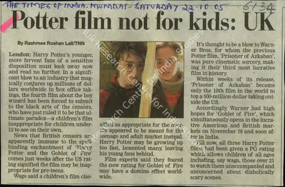 Rashmee Roshan Lall (Reporter), Potter film not for kids: UK, 2005, Newspaper Clipping