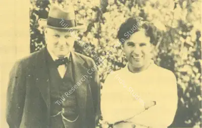 Unknown (Photographer). Charlie Chaplin with Sir Winston Churchill, the former Prime Minister of the United Kingdom, 24 September 1929 | Photographic Still, My Life in Pictures, 1985 | CinemaEducation | 00440368