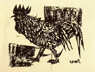 K.G. Subramanyan (Artist), Rooster, 1958, Graphic Art