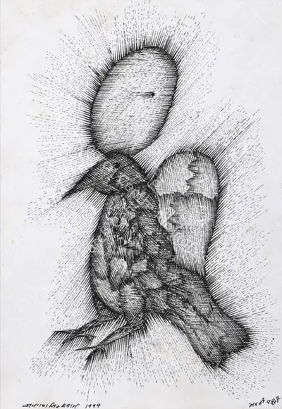 Jangarh Singh Shyam (Artist), Marhi Pakshi (Gond), 1994, Drawing