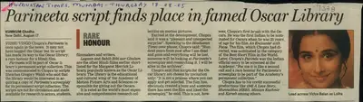 Kumkum Chadha (Reporter), Parineeta Script finds place in famed Oscar Library, 2005, Newspaper Clipping