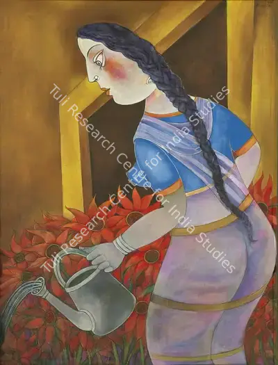 Paritosh Sen (Artist), Young Women Watering Sunflower Plants, 1990, Painting
