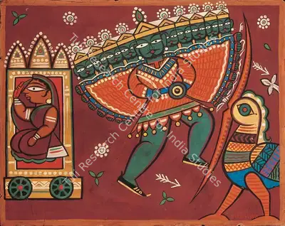 Jamini Roy (Artist), Ravana, Sita and Jatayu, 1949, Painting