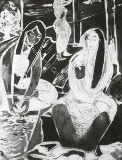Nirode C. Mazumdar (Artist), Women on the Steps, Graphic Art