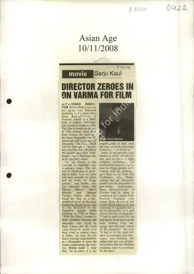 Sarju Kaul (Reporter), Director Zeroes in on Varma for Film, 2008, Newspaper Clipping