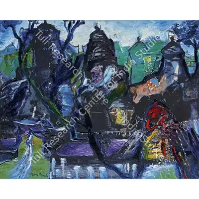 Manu Parekh (Artist), Landscape with a red temple, 1985, Painting