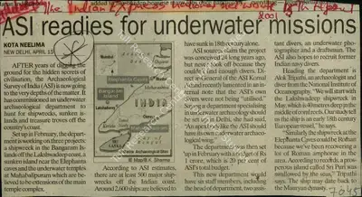 Kota Neelima (Reporter), ASI Readies for Underwater Missions, 2001, Newspaper Clipping