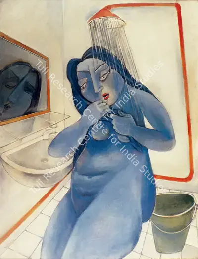 Paritosh Sen (Artist), Blue Woman under Shower, 1991, Painting