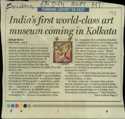 Indrajit Hazra (Reporter), India's First World-Class art Museum Coming in Kolkata, 2007, Newspaper Clipping