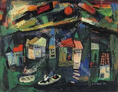 Raza, S.H. (Artist). Kashmir Houseboats. Watercolour on paper, 1950 | Painting | FineArts | 00373329