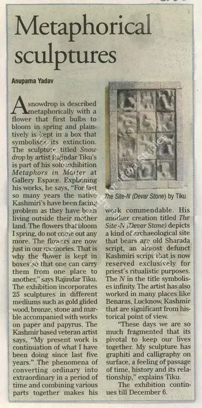 Anupama Yadav (Reporter), Metaphorical Sculptures, 2008, Newspaper Clipping
