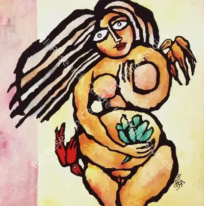 Prokash Karmakar (Artist), Woman with Birds, 1991, Painting