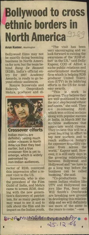 Arun Kumar (Writer), Bollywood to Cross Ethnic Borders in North America, 2006, Newspaper Clipping