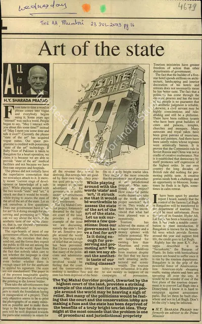 H.Y. Sharada Prasad (Reporter), Art of the state, 2003, Newspaper Clipping